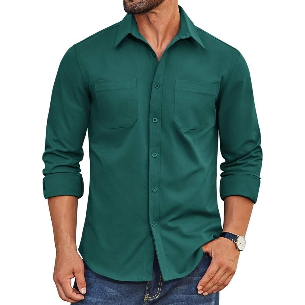 Coofandy Men Green Button Down Untucked Long Sleeve Woven Shirt with Pockets